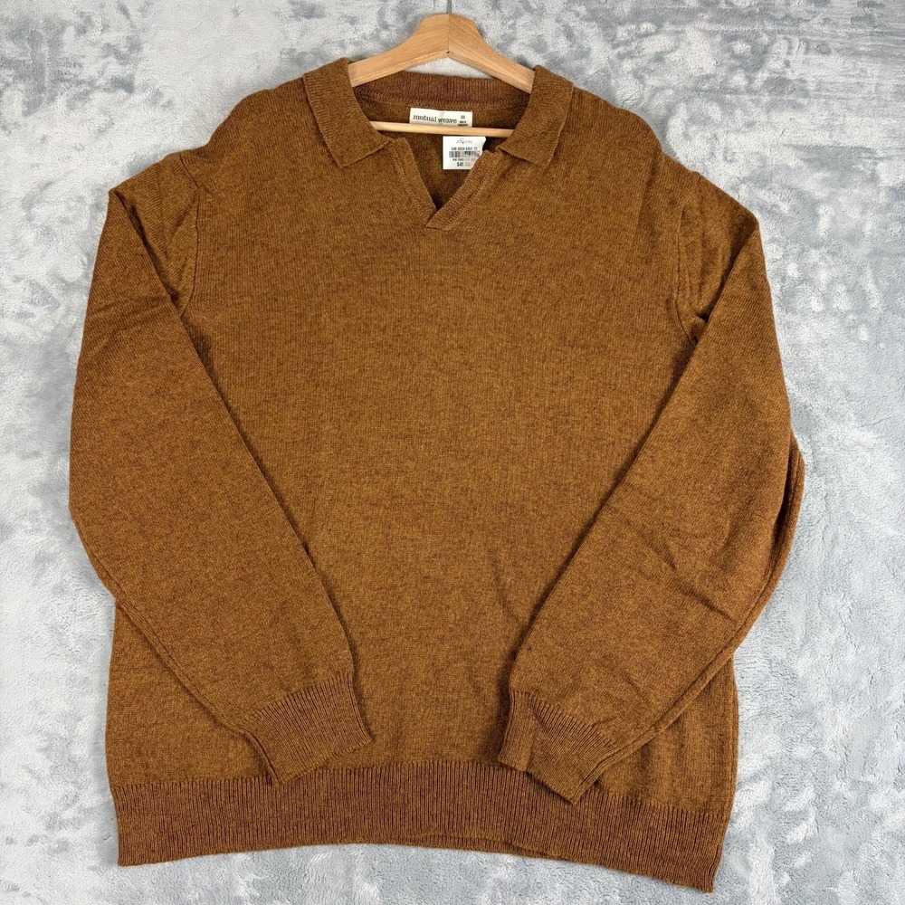 Mutual Weave Cotton Wool Blend V Neck Sweater Polo Mens 2XL Brown NWT